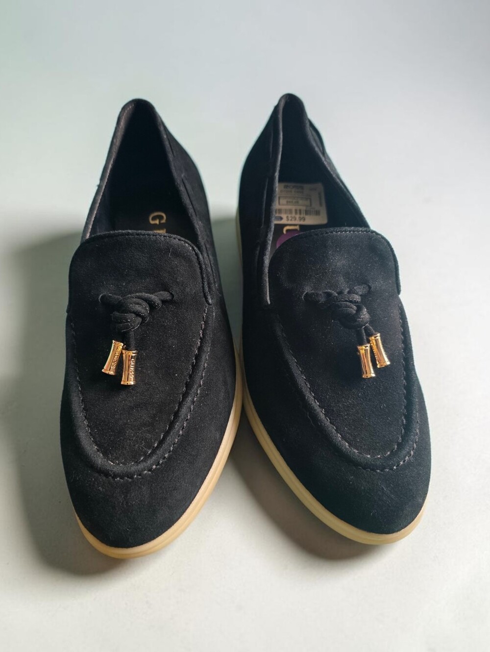 Guess Black Suede Tassel Loafers with Gold Accents